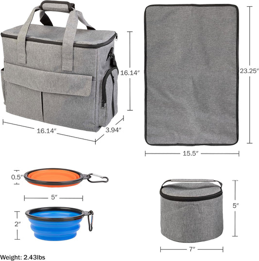 Dog Travel Bag - Cat and Dog Storage Organizer with Pockets, Mat, 2 Food Containers, and 2 Large Collapsible Travel Dog Bowls by (Gray)
