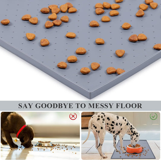 Dog Food Mat, Cat Dog Feeding Mat, Waterproof Non-Slip Food Grade Silicone Mat Placemat with Raised Edge, Anti-Messy Pet Bowl Mat for Food and Water, Grey, L(24"X16")