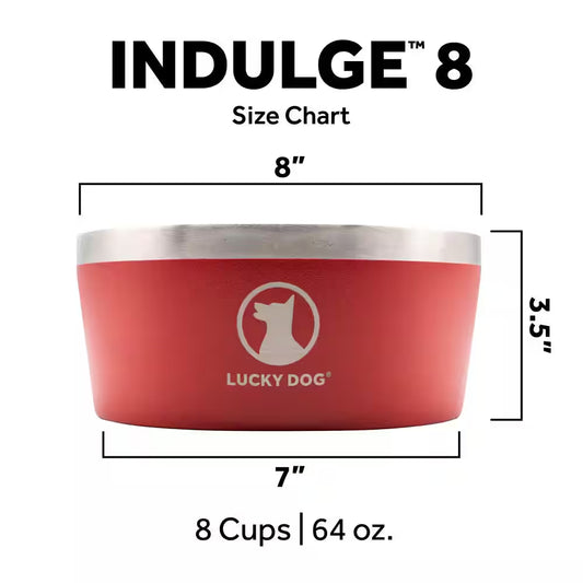 INDULGE 64 Oz. 8 Cup Double Wall Stainless Steel Dog Bowl, Non Slip, Lifetime Warranty in Red