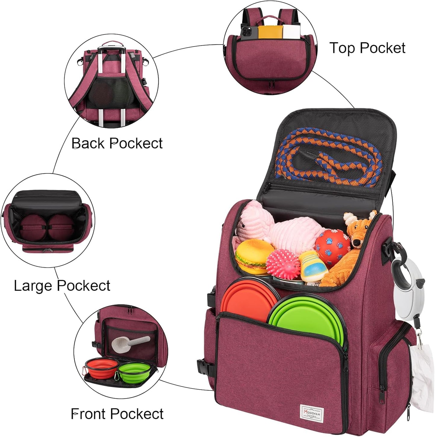 Dog Travel Bag Backpack, Airline Approved Pet Accessories Organizer for Dog and Cat with Shoulder Strap, 2 Dog Food Storage Containers, 2 Collapsible Dog Bowls,1 Pet Mat, Rose Red