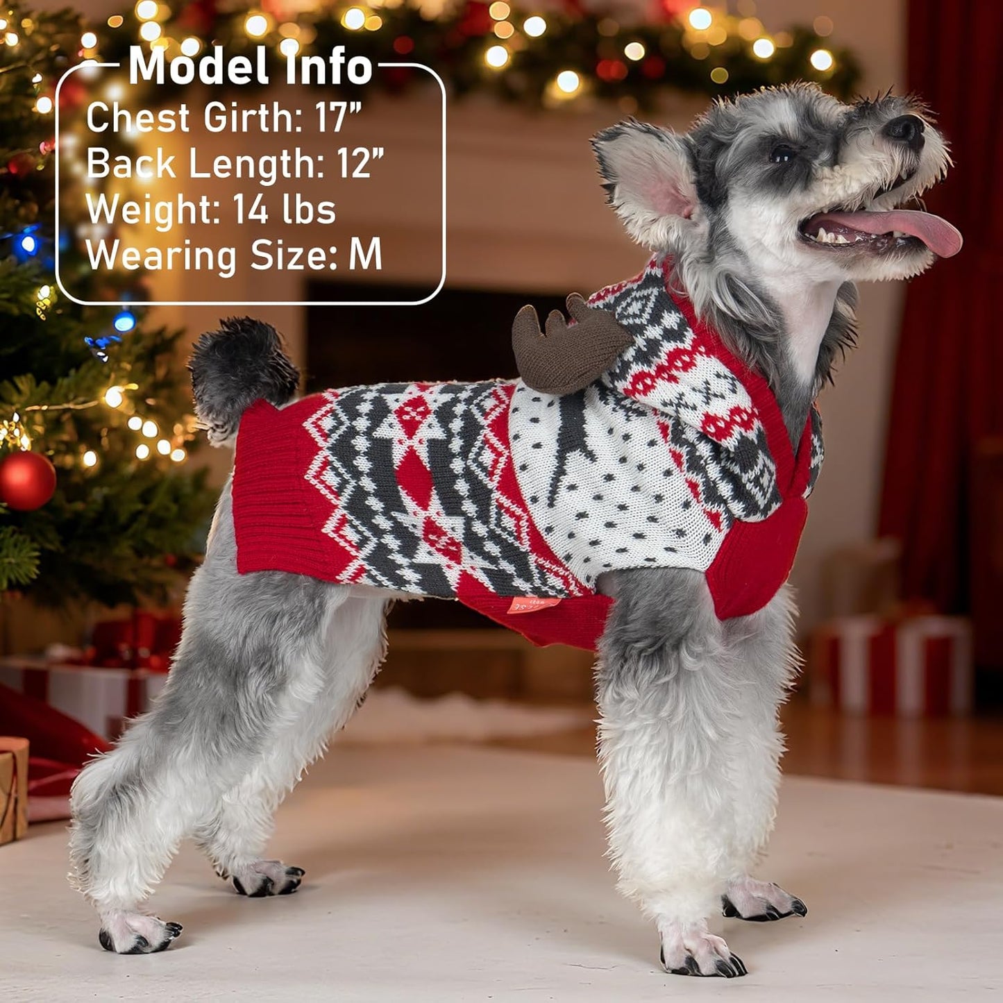 Dog Christmas Sweater, Warm Dog Sweater for Small Dogs Boy Girl with Reindeer Antler Hood, Warm Knit Winter Outfit with Leash Hole, Comfortable Pet Clothes for Holiday, Medium