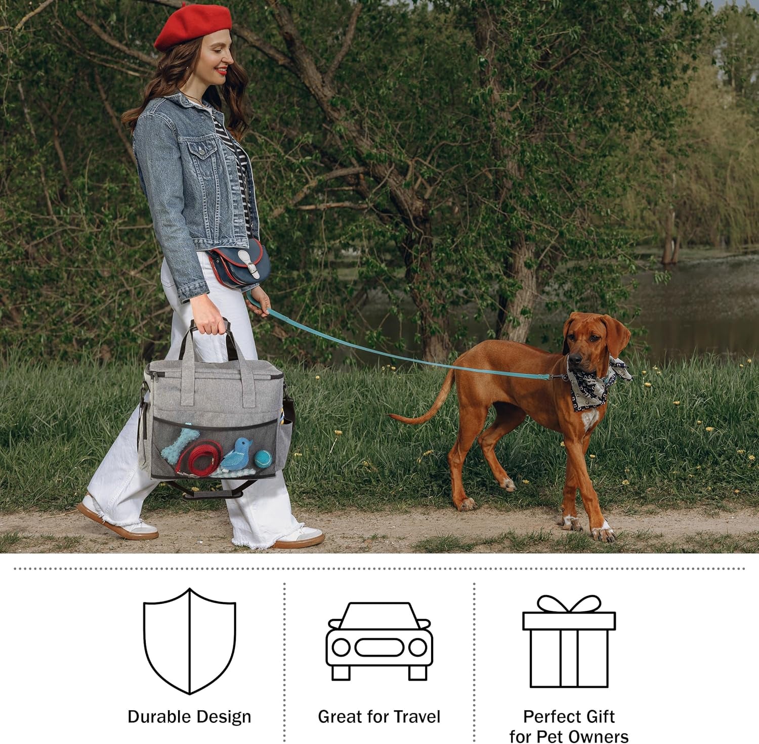 Dog Travel Bag - Cat and Dog Storage Organizer with Pockets, Mat, 2 Food Containers, and 2 Large Collapsible Travel Dog Bowls by  (Gray)