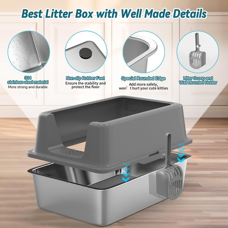Anyask XL Cat Litter Box Stainless Steel with Lid, Automatic Cat Feeder Litter Box, 2 Models, High Wall Sides Enclosure, Non-Sticky, Anti-Leakage, Easy Cleaning