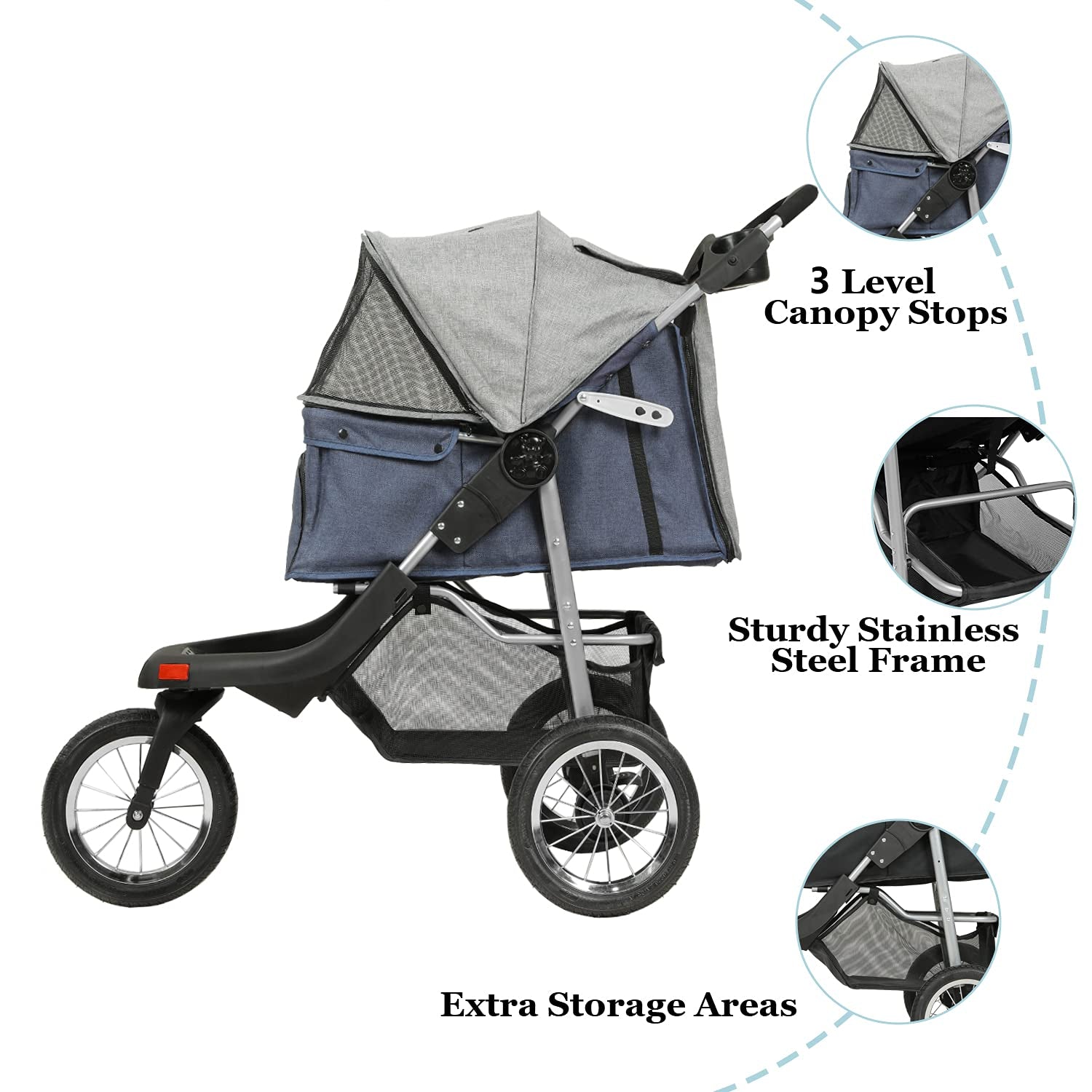 Premium Heavy Duty Dog Stroller for Small Medium Dogs & Cats, 3-Wheel Pet Strollers, Foldable Cat Stroller with Suspension System/Link Brake/One-Hand Fold, Max. Loading 55 LBS