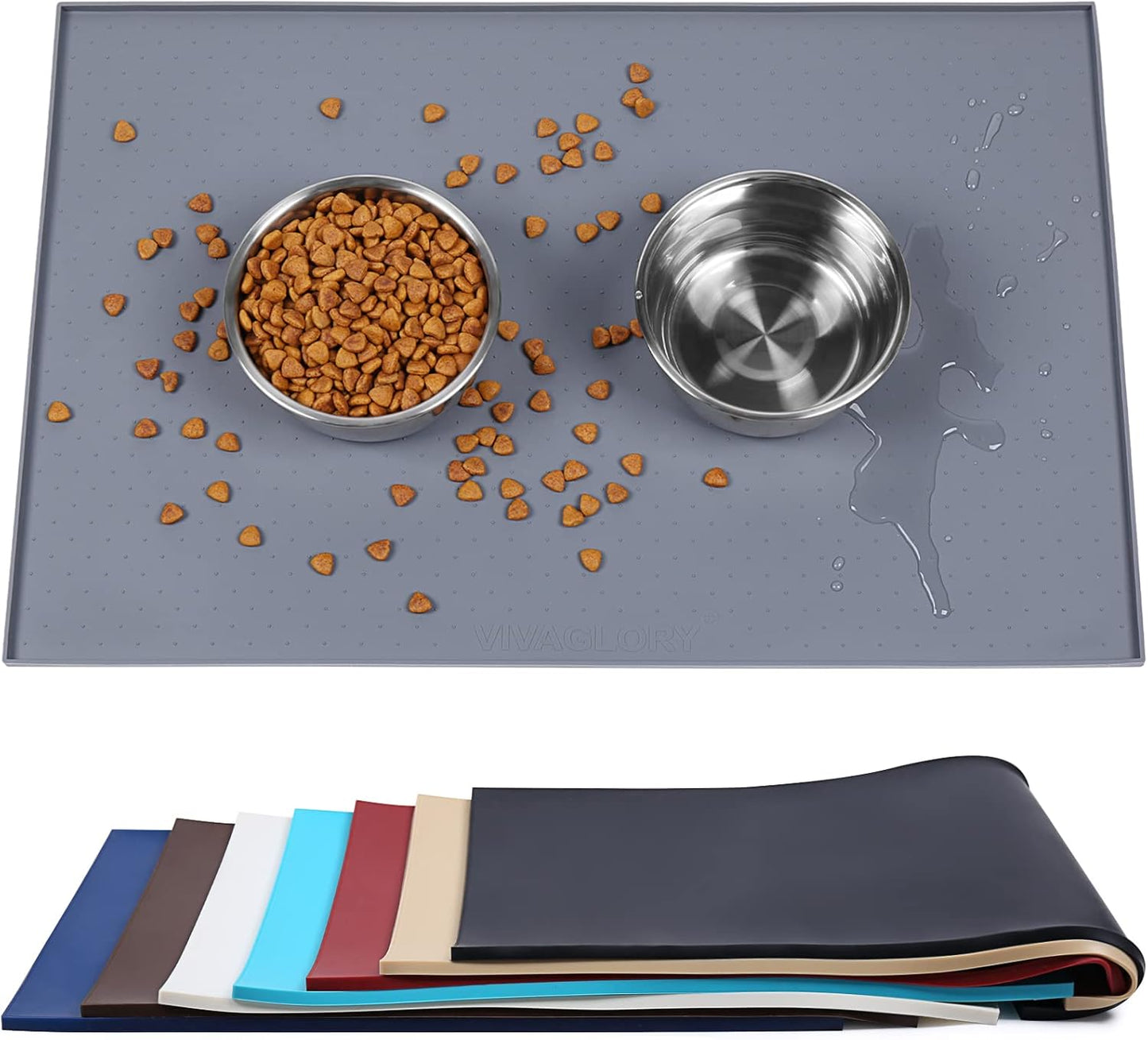 Dog Food Mat, Cat Dog Feeding Mat, Waterproof Non-Slip Food Grade Silicone Mat Placemat with Raised Edge, Anti-Messy Pet Bowl Mat for Food and Water, Grey, L(24"X16")