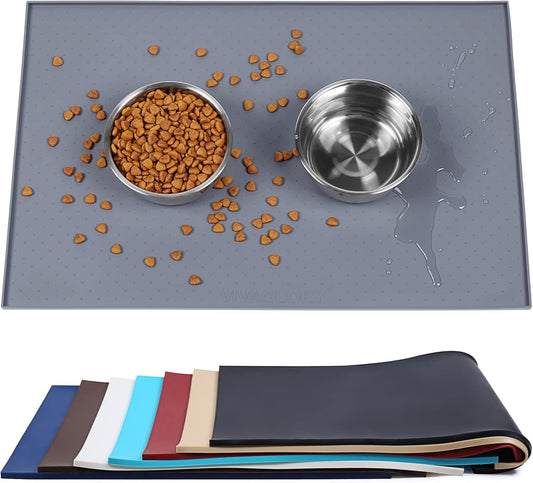 Dog Food Mat, Cat Dog Feeding Mat, Waterproof Non-Slip Food Grade Silicone Mat Placemat with Raised Edge, Anti-Messy Pet Bowl Mat for Food and Water, Grey, L(24"X16")