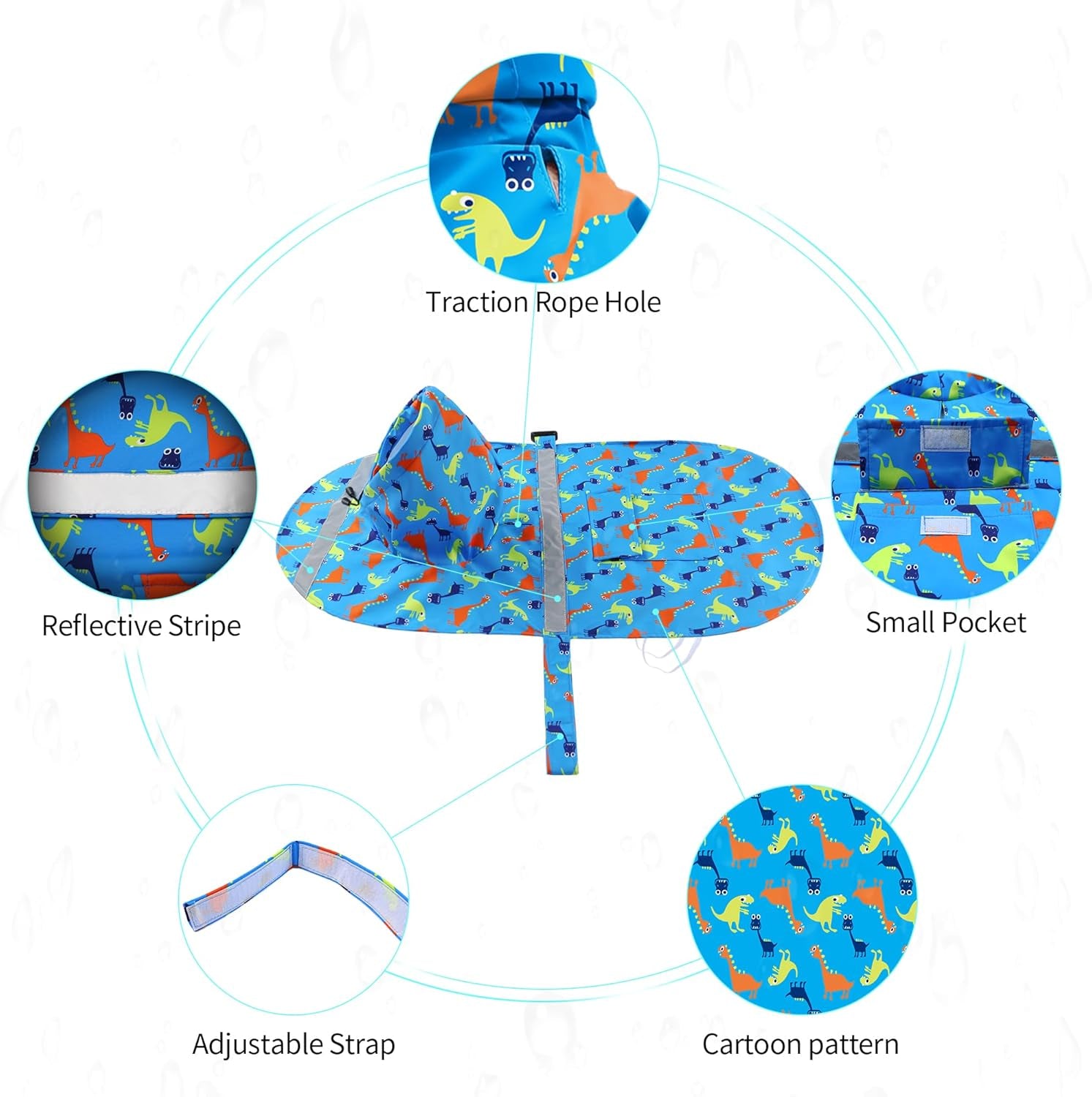 Large Dog Raincoat Adjustable - Pet Dinosaurs Water Proof Clothes Lightweight Rain Jacket Poncho Hoodies with Strip Reflective Blue (XL, Blue Dinosaur)