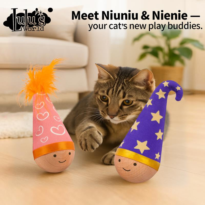Lulus Self-Balancing Wobble Toy 1Pcs Cats Scratch-Resistant and Bite-Resistant Natural Wood Built-In Catnip Feather on Top Interactive Kitty Toys