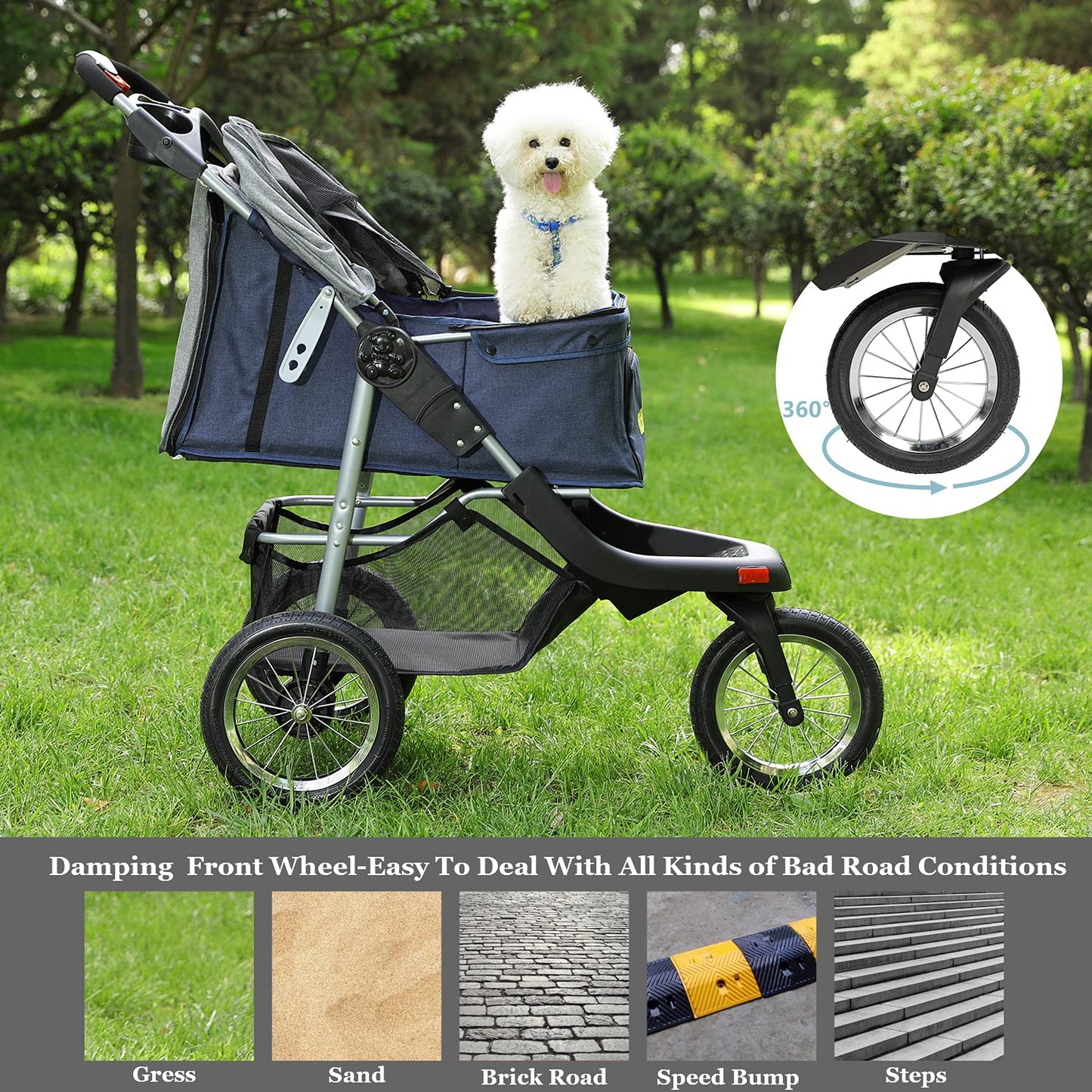 Premium Heavy Duty Dog Stroller for Small Medium Dogs & Cats, 3-Wheel Pet Strollers, Foldable Cat Stroller with Suspension System/Link Brake/One-Hand Fold, Max. Loading 55 LBS