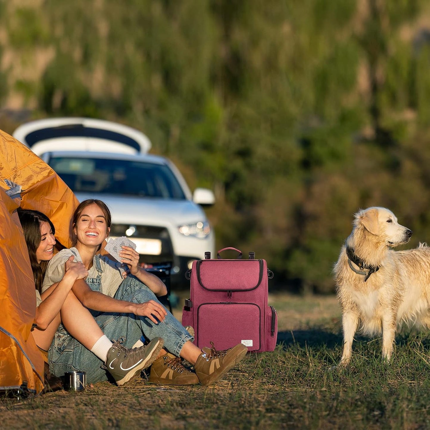 Dog Travel Bag Backpack, Airline Approved Pet Accessories Organizer for Dog and Cat with Shoulder Strap, 2 Dog Food Storage Containers, 2 Collapsible Dog Bowls,1 Pet Mat, Rose Red