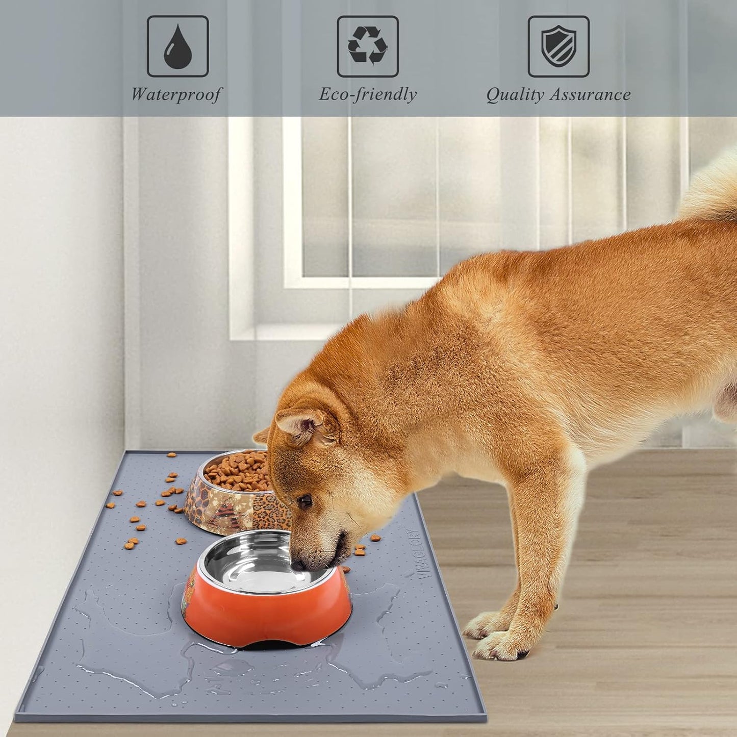 Dog Food Mat, Cat Dog Feeding Mat, Waterproof Non-Slip Food Grade Silicone Mat Placemat with Raised Edge, Anti-Messy Pet Bowl Mat for Food and Water, Grey, L(24"X16")