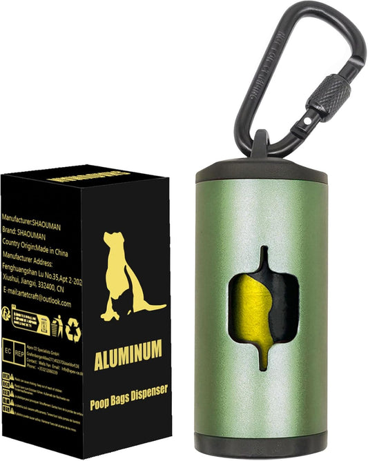 Metal Dog Poop Bag Holder W/Leash Clip|Durable Scratch-Resistant Aluminum|15 Bags+3 Accessories(Drak Green)