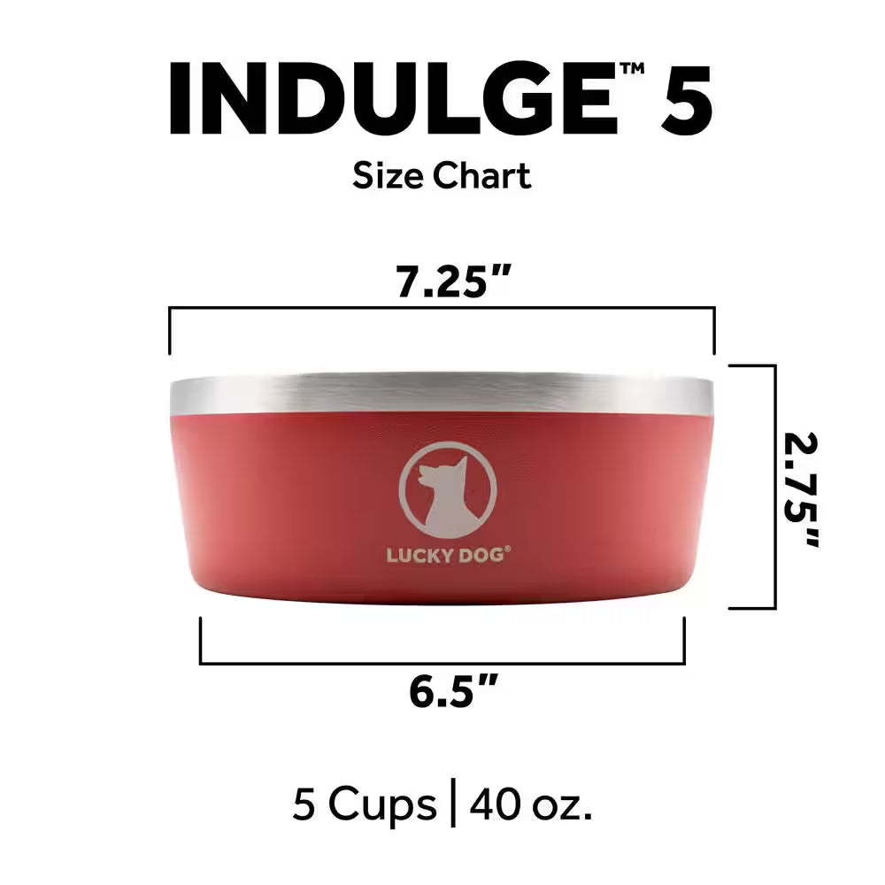 INDULGE 40 Oz. 5 Cup Double Wall Stainless Steel Dog Bowl to Non Slip to Lifetime Warranty in Red