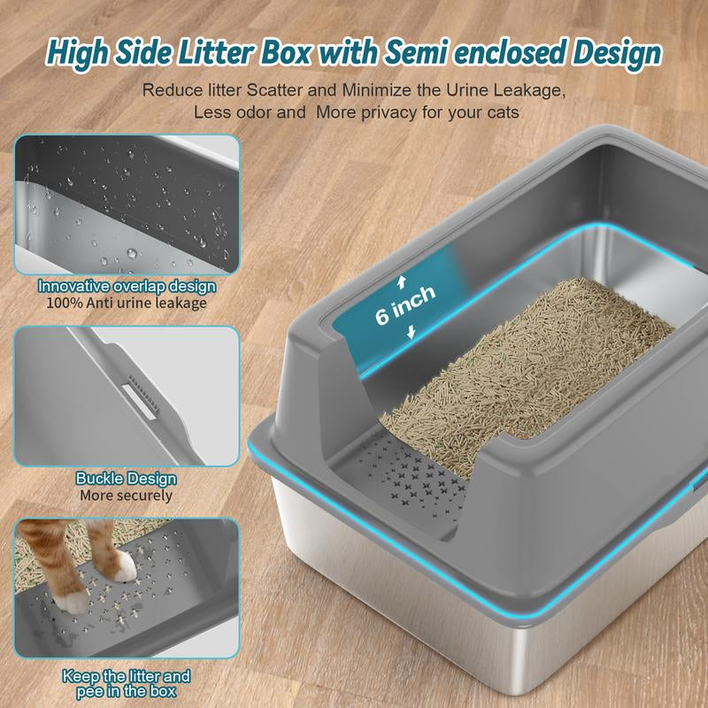 Anyask XL Cat Litter Box Stainless Steel with Lid, Automatic Cat Feeder Litter Box, 2 Models, High Wall Sides Enclosure, Non-Sticky, Anti-Leakage, Easy Cleaning