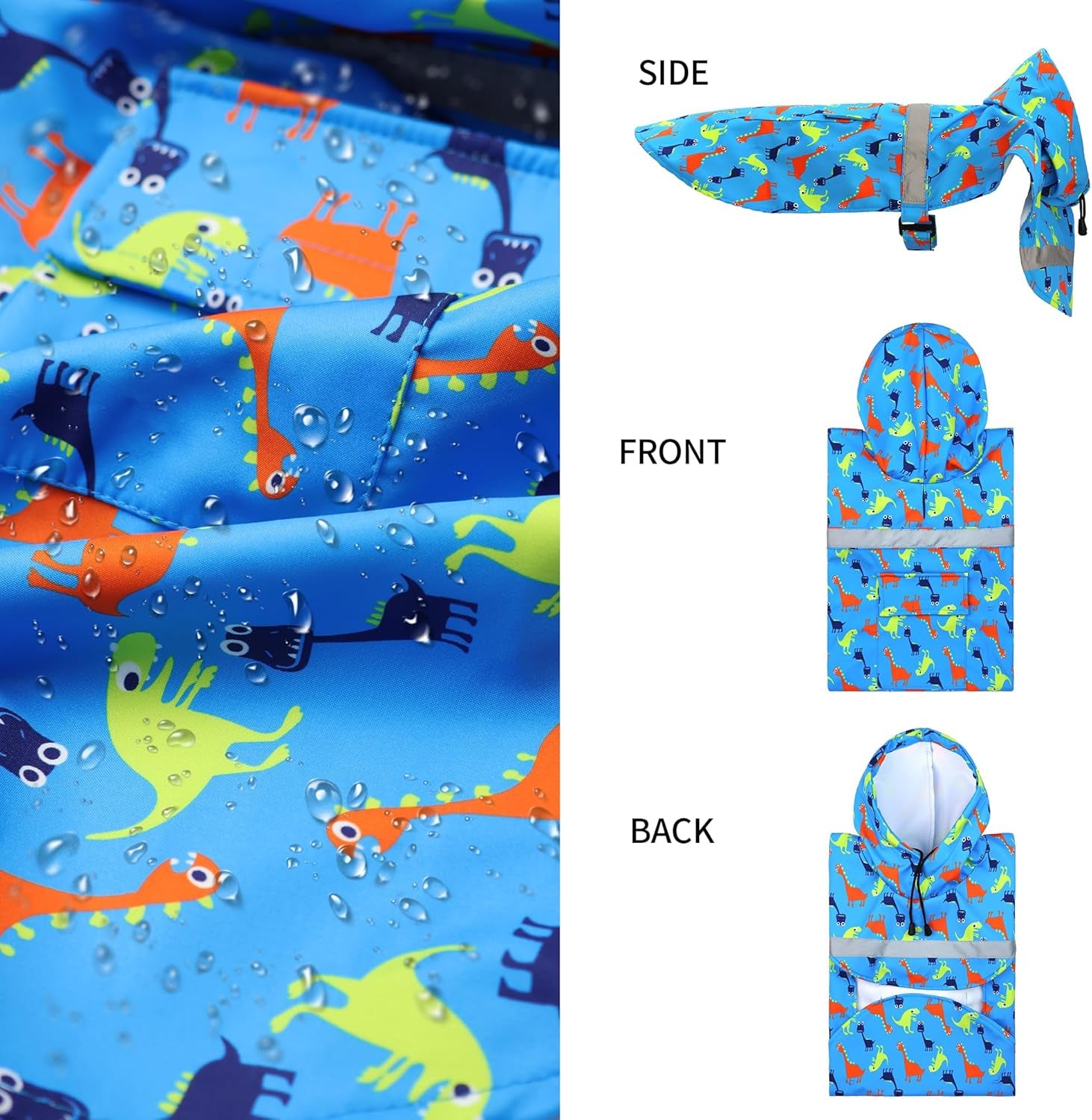 Large Dog Raincoat Adjustable - Pet Dinosaurs Water Proof Clothes Lightweight Rain Jacket Poncho Hoodies with Strip Reflective Blue (XL, Blue Dinosaur)
