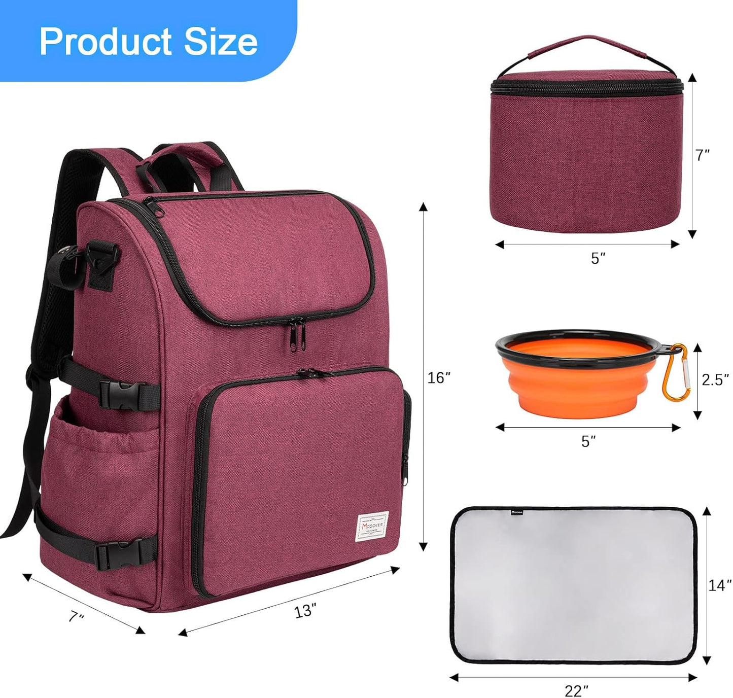 Dog Travel Bag Backpack, Airline Approved Pet Accessories Organizer for Dog and Cat with Shoulder Strap, 2 Dog Food Storage Containers, 2 Collapsible Dog Bowls,1 Pet Mat, Rose Red