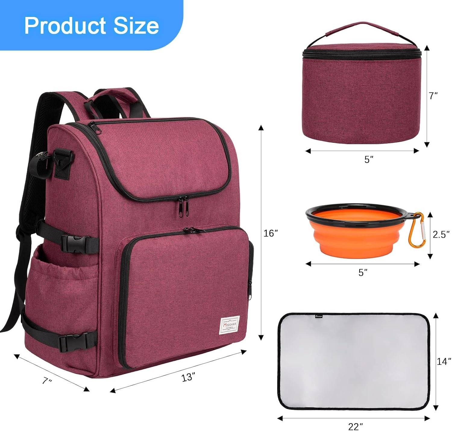Dog Travel Bag Backpack, Airline Approved Pet Accessories Organizer for Dog and Cat with Shoulder Strap, 2 Dog Food Storage Containers, 2 Collapsible Dog Bowls,1 Pet Mat, Rose Red