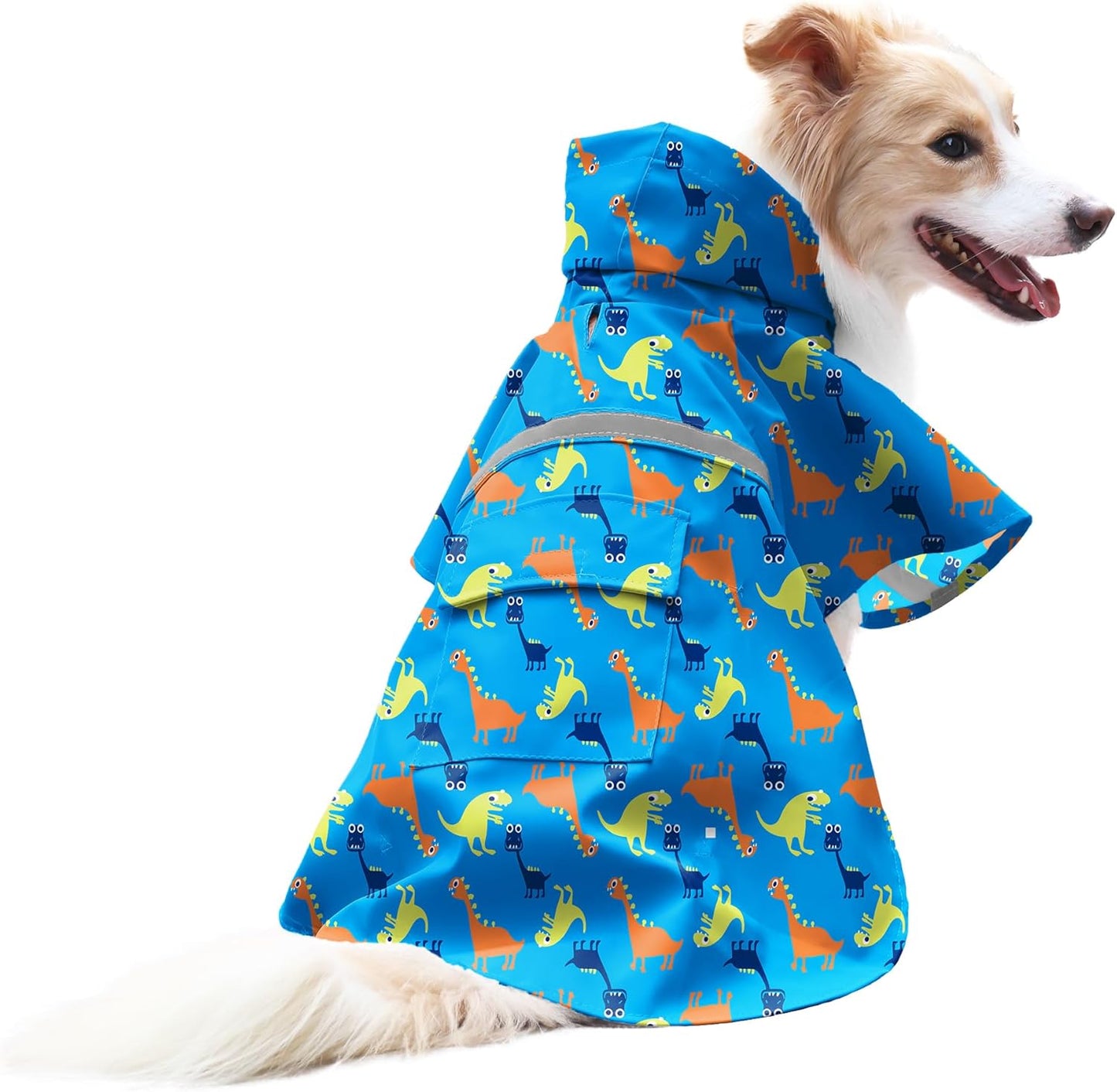 Large Dog Raincoat Adjustable - Pet Dinosaurs Water Proof Clothes Lightweight Rain Jacket Poncho Hoodies with Strip Reflective Blue (XL, Blue Dinosaur)