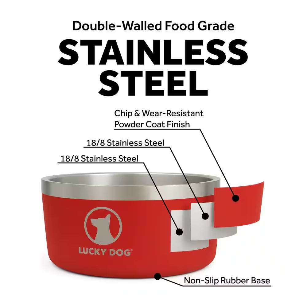 INDULGE 64 Oz. 8 Cup Double Wall Stainless Steel Dog Bowl, Non Slip, Lifetime Warranty in Red