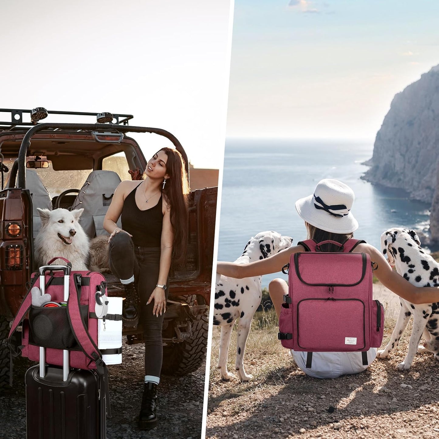 Dog Travel Bag Backpack, Airline Approved Pet Accessories Organizer for Dog and Cat with Shoulder Strap, 2 Dog Food Storage Containers, 2 Collapsible Dog Bowls,1 Pet Mat, Rose Red