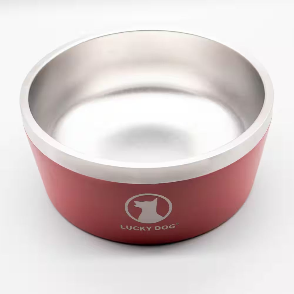 INDULGE 64 Oz. 8 Cup Double Wall Stainless Steel Dog Bowl, Non Slip, Lifetime Warranty in Red