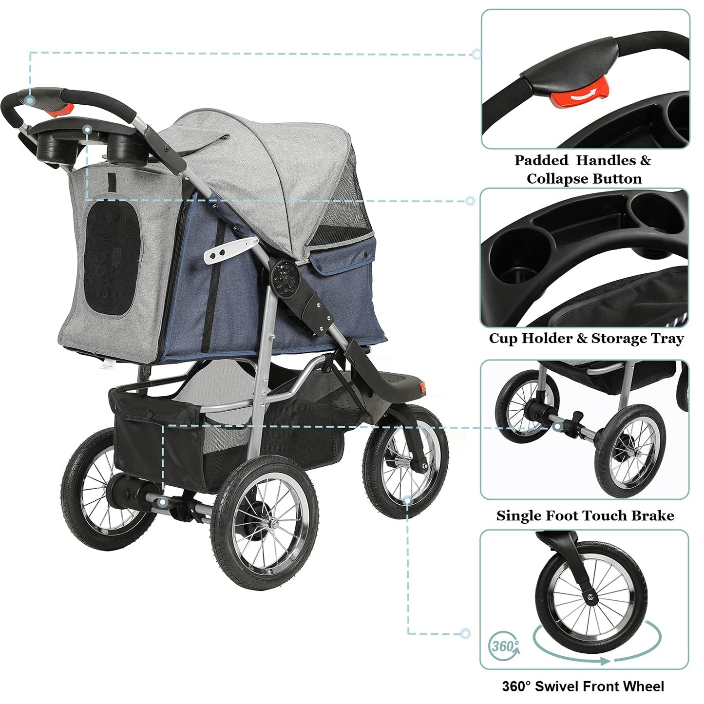 Premium Heavy Duty Dog Stroller for Small Medium Dogs & Cats, 3-Wheel Pet Strollers, Foldable Cat Stroller with Suspension System/Link Brake/One-Hand Fold, Max. Loading 55 LBS