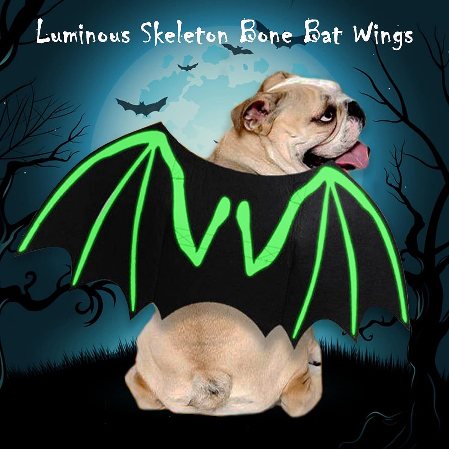 Dog Halloween Costumes, Cool Luminous Skeleton Bone Bat Wings Cosplay Cat Pets Costumes Dress up Apparel Accessories for Kitten Puppies, S