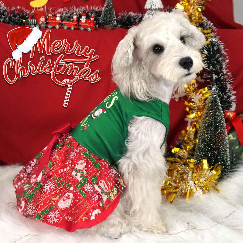 XPUDAC Christmas Dog Dress for Small & Medium Pets with Snowman Print Festive Holiday Costume Easy to Wear for Parties Pet Lightweight Clothes