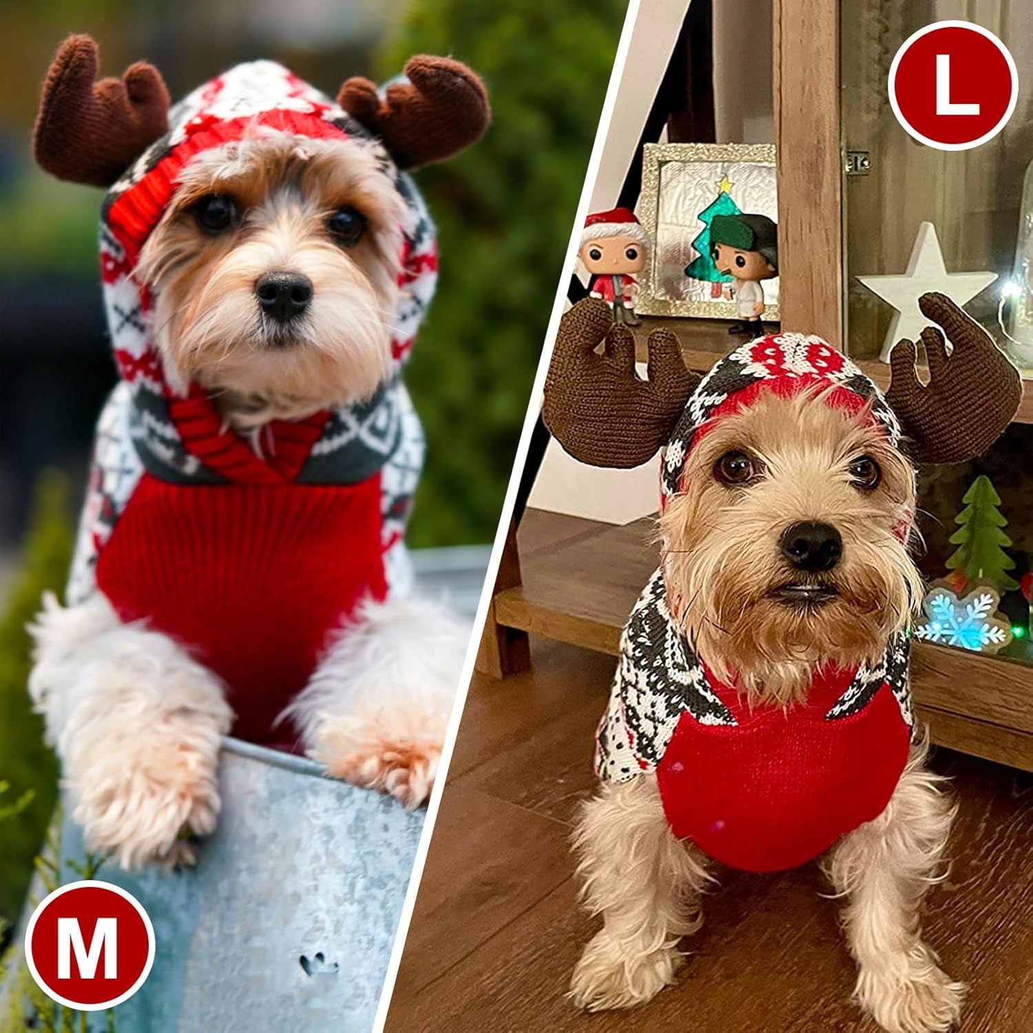 Dog Christmas Sweater, Warm Dog Sweater for Small Dogs Boy Girl with Reindeer Antler Hood, Warm Knit Winter Outfit with Leash Hole, Comfortable Pet Clothes for Holiday, Medium