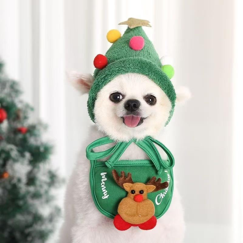 [2Pcs] 2025 NEW Pet Knitted Christmas Scarf & Hat Set for Cats & Dogs - Cute Reindeer & Snowman Design - Warm Plush Outfit for All Seasons - Ideal for Christmas Parties