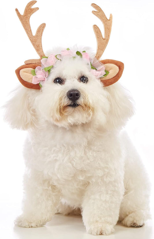 Pet Christmas Costume Hat Merry Christmas Dog Antlers Headbands Elastic Band Adjustable Reindeer Cap Hair Headwear Deer Accessories (Medium)