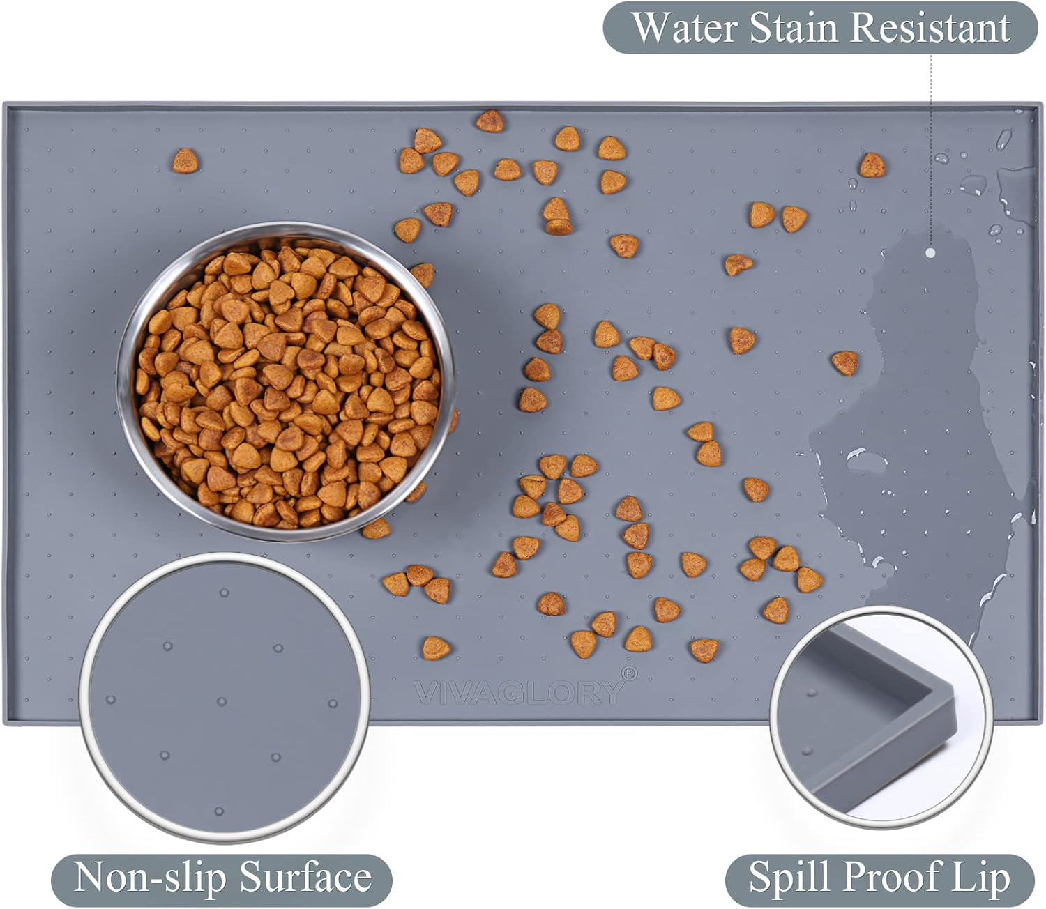 Dog Food Mat, Cat Dog Feeding Mat, Waterproof Non-Slip Food Grade Silicone Mat Placemat with Raised Edge, Anti-Messy Pet Bowl Mat for Food and Water, Grey, L(24"X16")