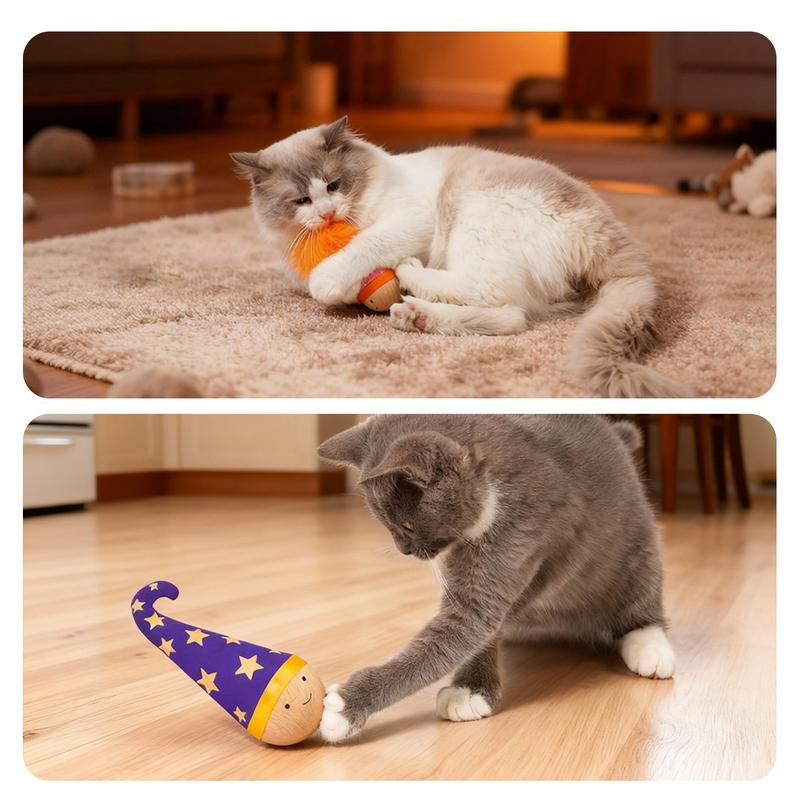 Lulus Self-Balancing Wobble Toy 1Pcs Cats Scratch-Resistant and Bite-Resistant Natural Wood Built-In Catnip Feather on Top Interactive Kitty Toys