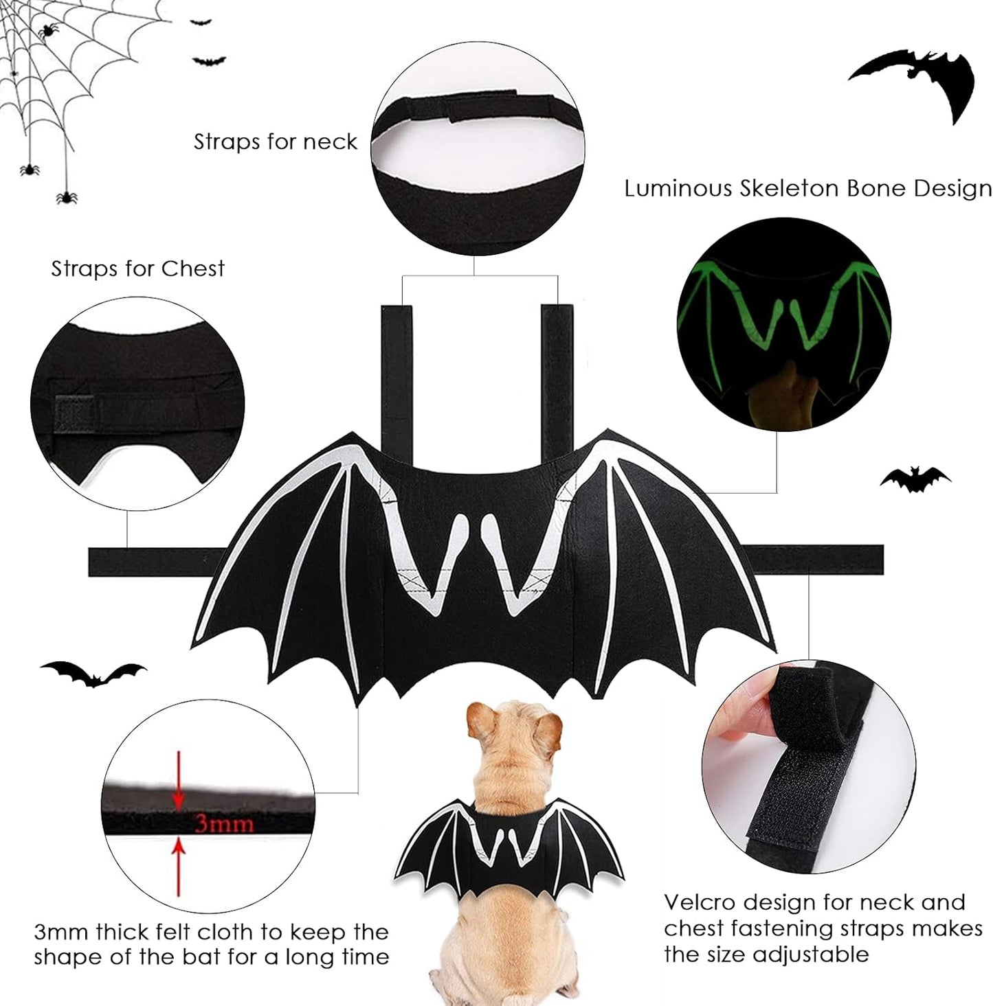 Dog Halloween Costumes, Cool Luminous Skeleton Bone Bat Wings Cosplay Cat Pets Costumes Dress up Apparel Accessories for Kitten Puppies, S