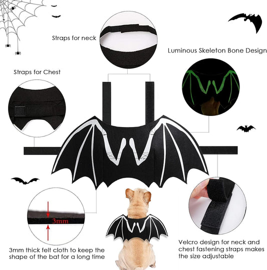 Dog Halloween Costumes, Cool Luminous Skeleton Bone Bat Wings Cosplay Cat Pets Costumes Dress up Apparel Accessories for Kitten Puppies, S
