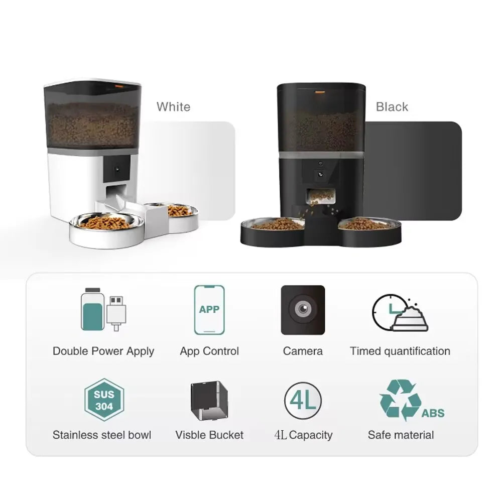 4L with HD Camera Automatic Pet Feeder Cat and Dog Food Automatic Dispenser Suitable for Two Pet Cat and Dog Feeding Remote Feed