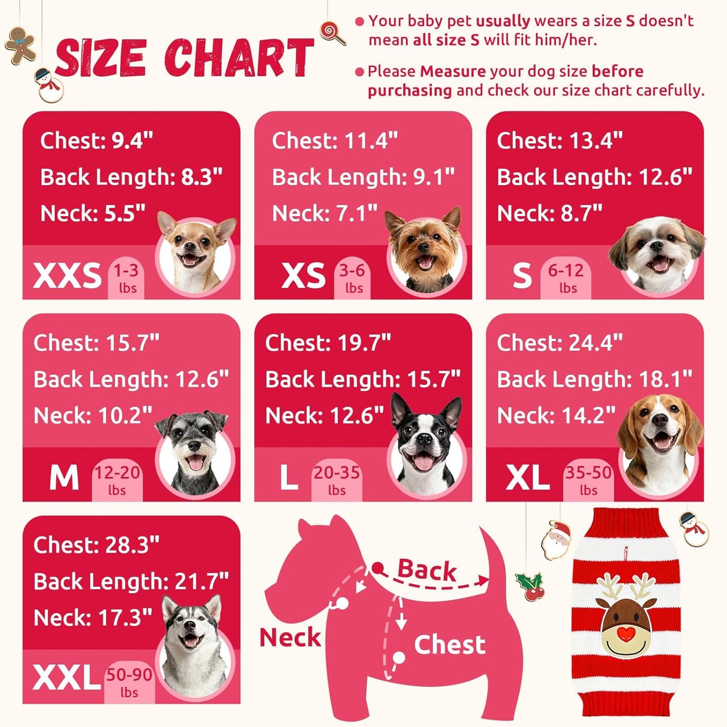 Dog Christmas Sweater Cute Striped Reindeer Xmas Pet Clothes Holiday Puppy Cat Costume New Year Gifts for Small Medium Large Dogs Jumpers (XS, Red White Stripe Reindeer)