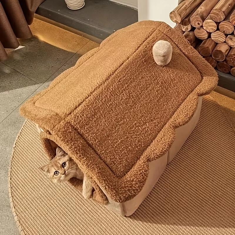 Warm and Enclosed Secure Cat Bed for Fall and Winter, Wraparound Cat Sleeping Niche Dog Cozy Hiding House with Removable Washable Fluffy Lining, Cozy Indoor Cat Shelter for Small Dogs and Cats