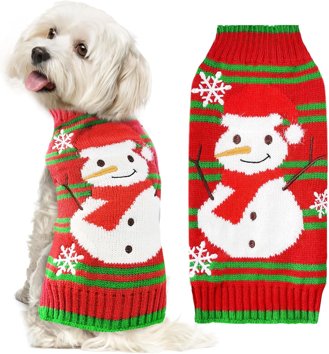 Dog Christmas Sweater Cute Snowman Puppy Cat Costume Boy Girls Xmas Holiday Pet Clothes New Year Outfits Gifts for Small Medium Large Dogs (XXS, Red Green Stripe Snowman)