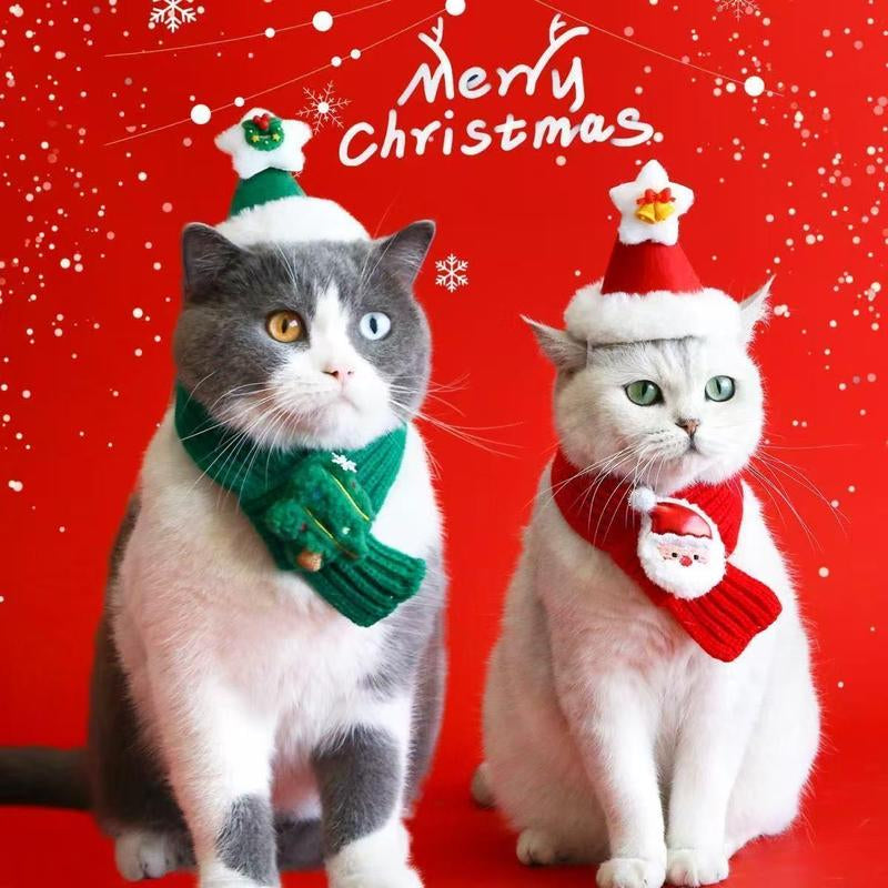 [2Pcs] 2025 NEW Pet Knitted Christmas Scarf & Hat Set for Cats & Dogs - Cute Reindeer & Snowman Design - Warm Plush Outfit for All Seasons - Ideal for Christmas Parties