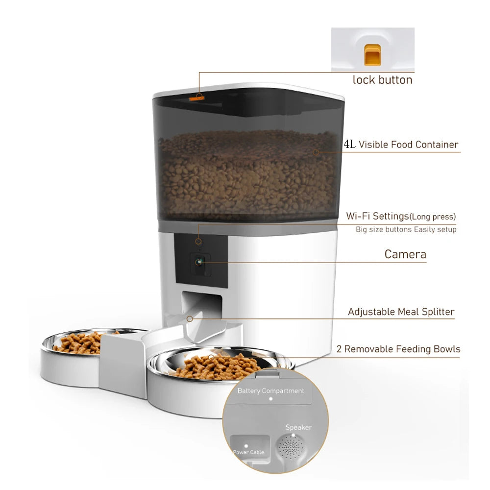 4L with HD Camera Automatic Pet Feeder Cat and Dog Food Automatic Dispenser Suitable for Two Pet Cat and Dog Feeding Remote Feed