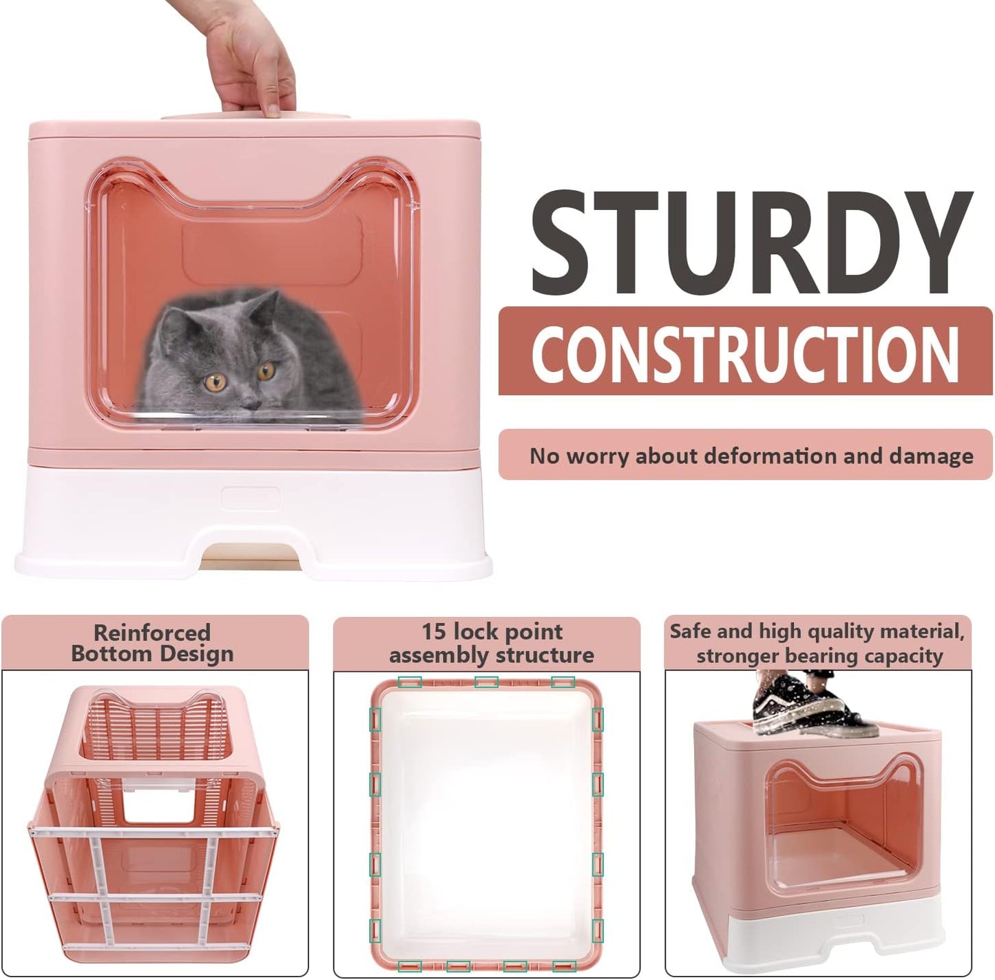 Foldable Cat Litter Box with Lid, Enclosed Potty, Large Top Entry Anti-Splashing Toilet, Easy to Clean Including Litter Scoop and 2-In-1 Cleaning Brush (Pink)
