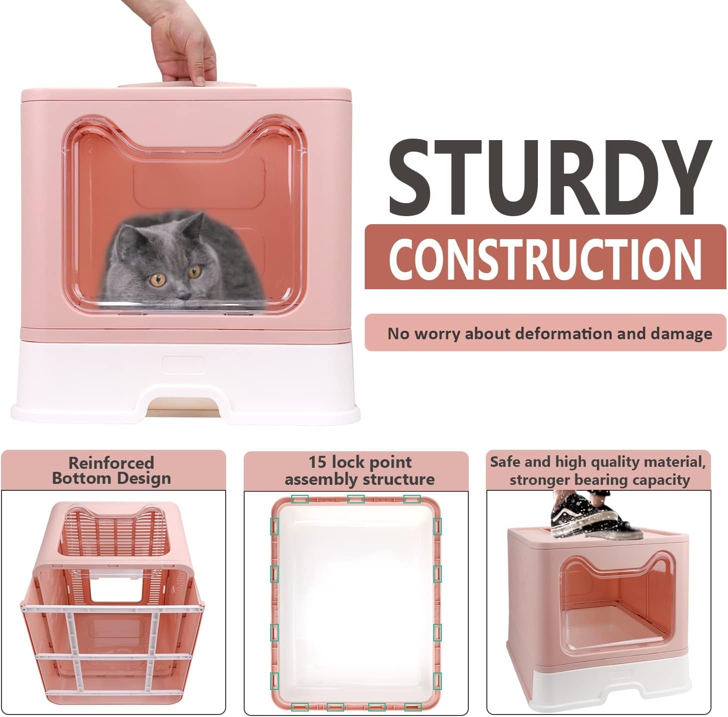 Foldable Cat Litter Box with Lid, Enclosed Potty, Large Top Entry Anti-Splashing Toilet, Easy to Clean Including Litter Scoop and 2-In-1 Cleaning Brush (Pink)