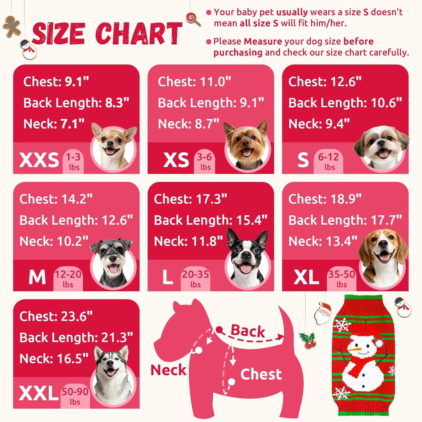 Dog Christmas Sweater Cute Snowman Puppy Cat Costume Boy Girls Xmas Holiday Pet Clothes New Year Outfits Gifts for Small Medium Large Dogs (XXS, Red Green Stripe Snowman)