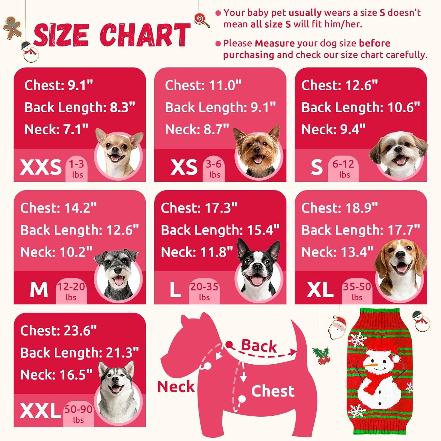 Dog Christmas Sweater Cute Snowman Puppy Cat Costume Boy Girls Xmas Holiday Pet Clothes New Year Outfits Gifts for Small Medium Large Dogs (XXS, Red Green Stripe Snowman)
