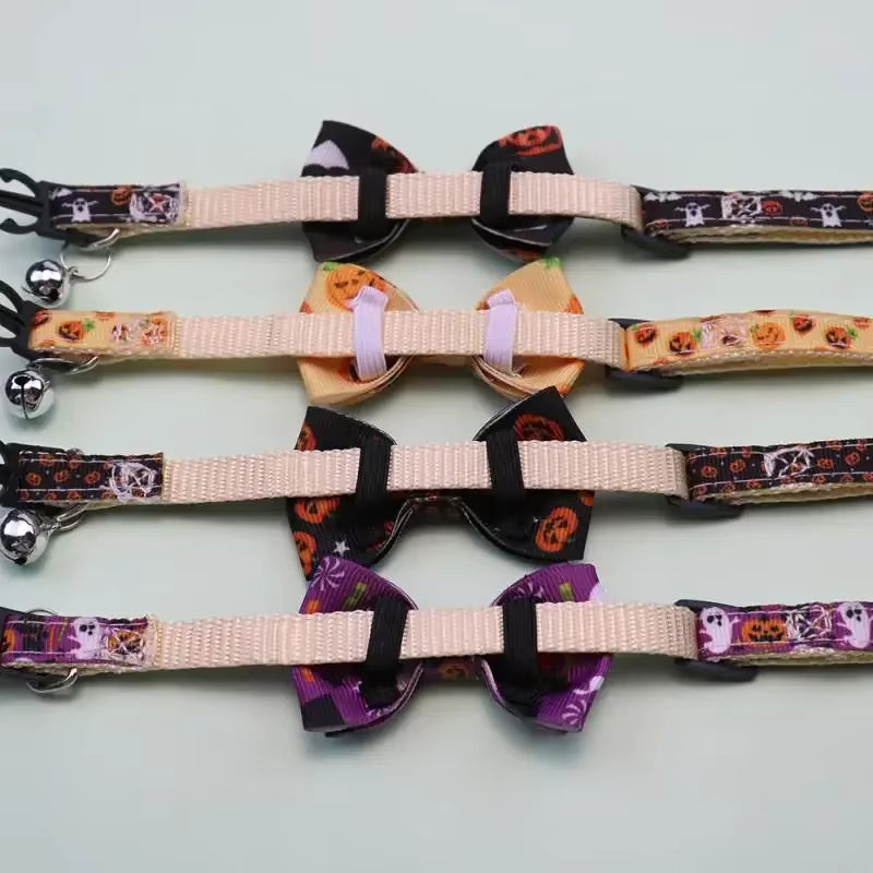 Puppy Kitten Necklace Adjustable Safety Buckle Strap Chihuahua Bow Tie Pet Supplies Happy Halloween Cat Collar with Bell Bowknot
