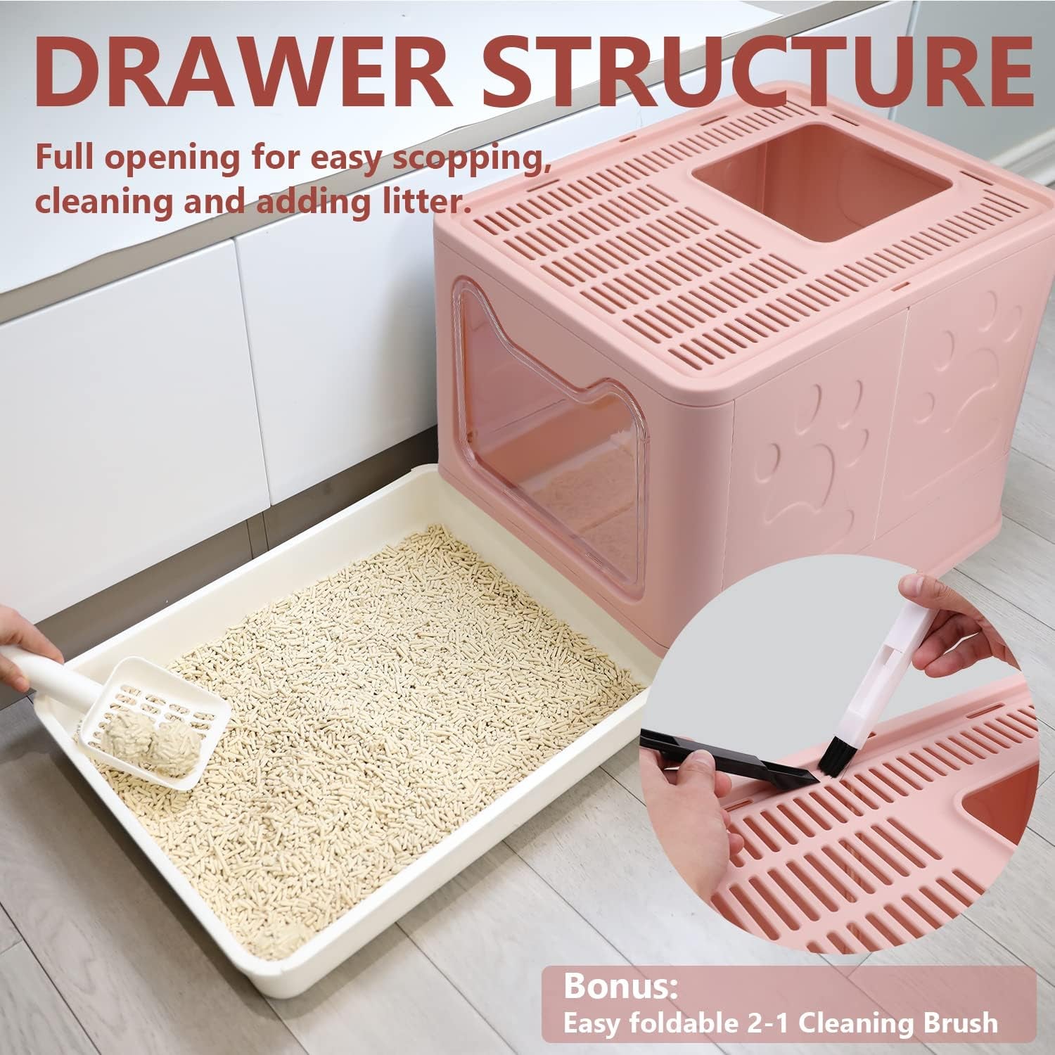 Foldable Cat Litter Box with Lid, Enclosed Potty, Large Top Entry Anti-Splashing Toilet, Easy to Clean Including Litter Scoop and 2-In-1 Cleaning Brush (Pink)