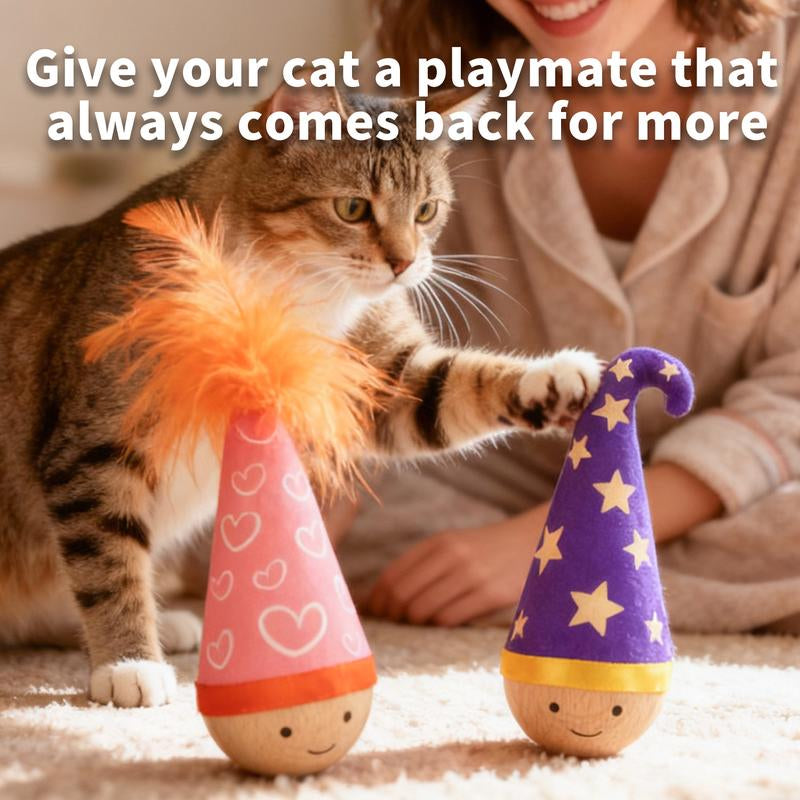 Lulus Self-Balancing Wobble Toy 1Pcs Cats Scratch-Resistant and Bite-Resistant Natural Wood Built-In Catnip Feather on Top Interactive Kitty Toys