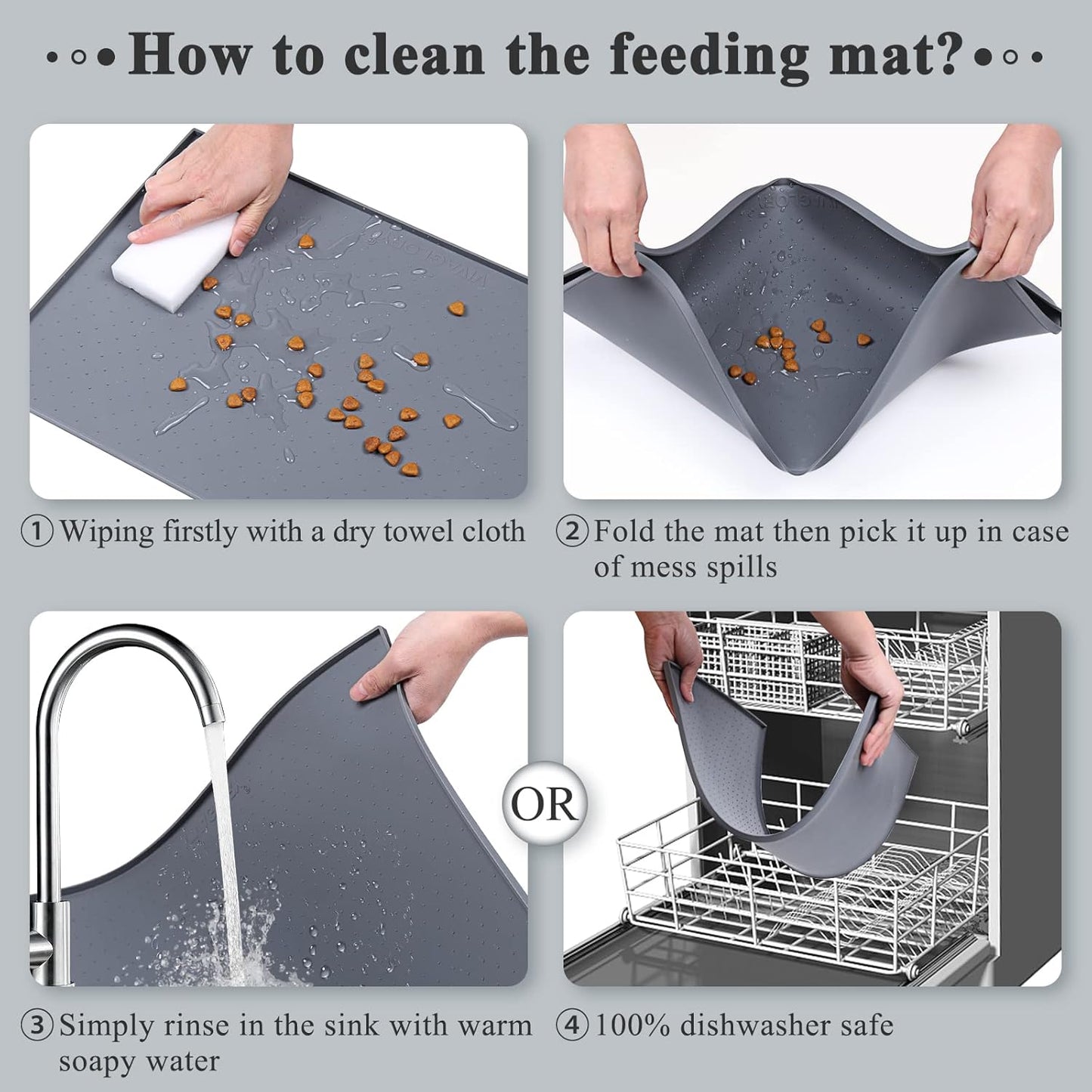 Dog Food Mat, Cat Dog Feeding Mat, Waterproof Non-Slip Food Grade Silicone Mat Placemat with Raised Edge, Anti-Messy Pet Bowl Mat for Food and Water, Grey, L(24"X16")