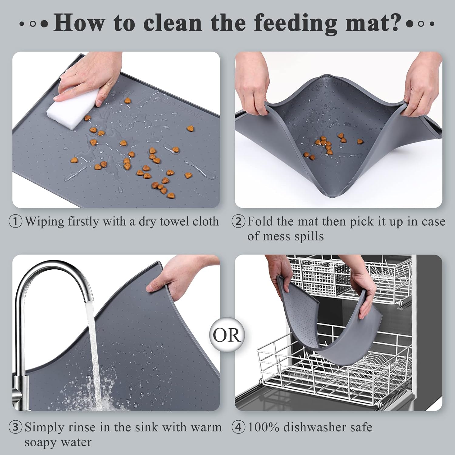 Dog Food Mat, Cat Dog Feeding Mat, Waterproof Non-Slip Food Grade Silicone Mat Placemat with Raised Edge, Anti-Messy Pet Bowl Mat for Food and Water, Grey, L(24"X16")